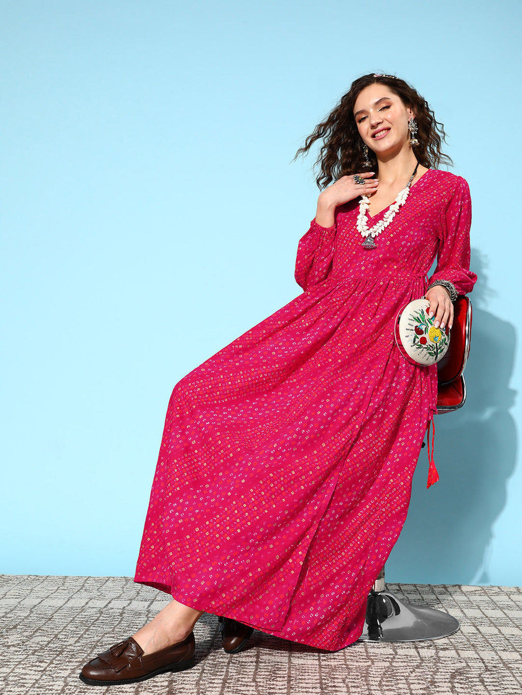 InWeave Women's Maroon Ethnic Print Wrapped Long Dress | Grocsy
