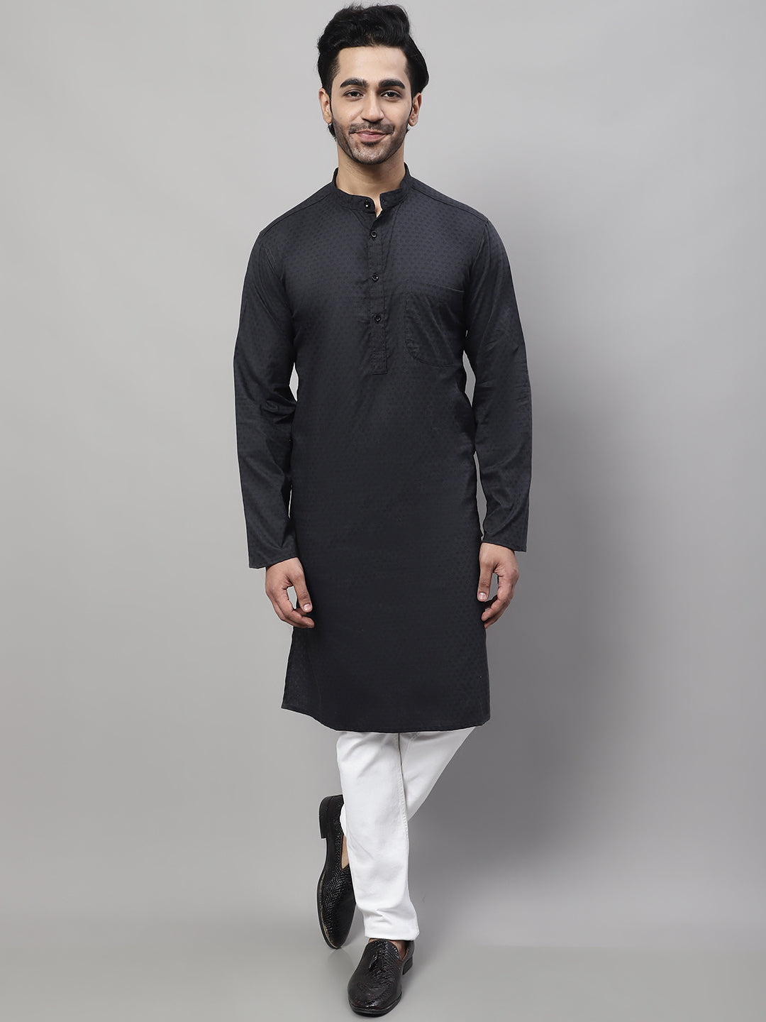 Even Apparels Black Pure Cotton Kurta With Band Collar | Grocsy