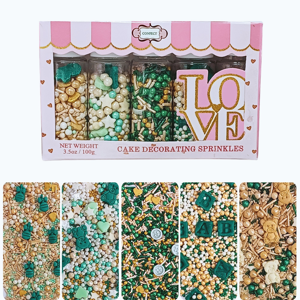 Confect Baby Shower Sprinkles | Gender Reveal Sprinkles | Gold, Silver, Mint Green & Pearl Dragees Pack of 5 (BABY SHOWER -09) | Grocsy