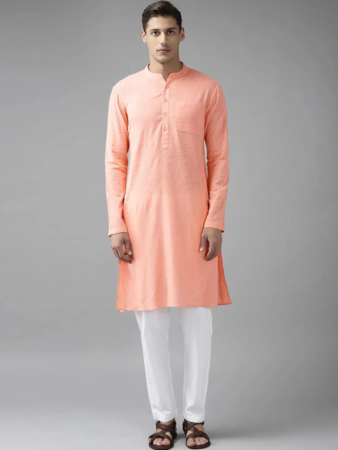 Fabmade Men Peach Cotton Linen Kurta | Grocsy