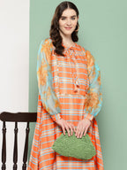Ahalyaa Checked Tie-Up Neck Sequined Ethnic A-Line Midi Dress | Grocsy