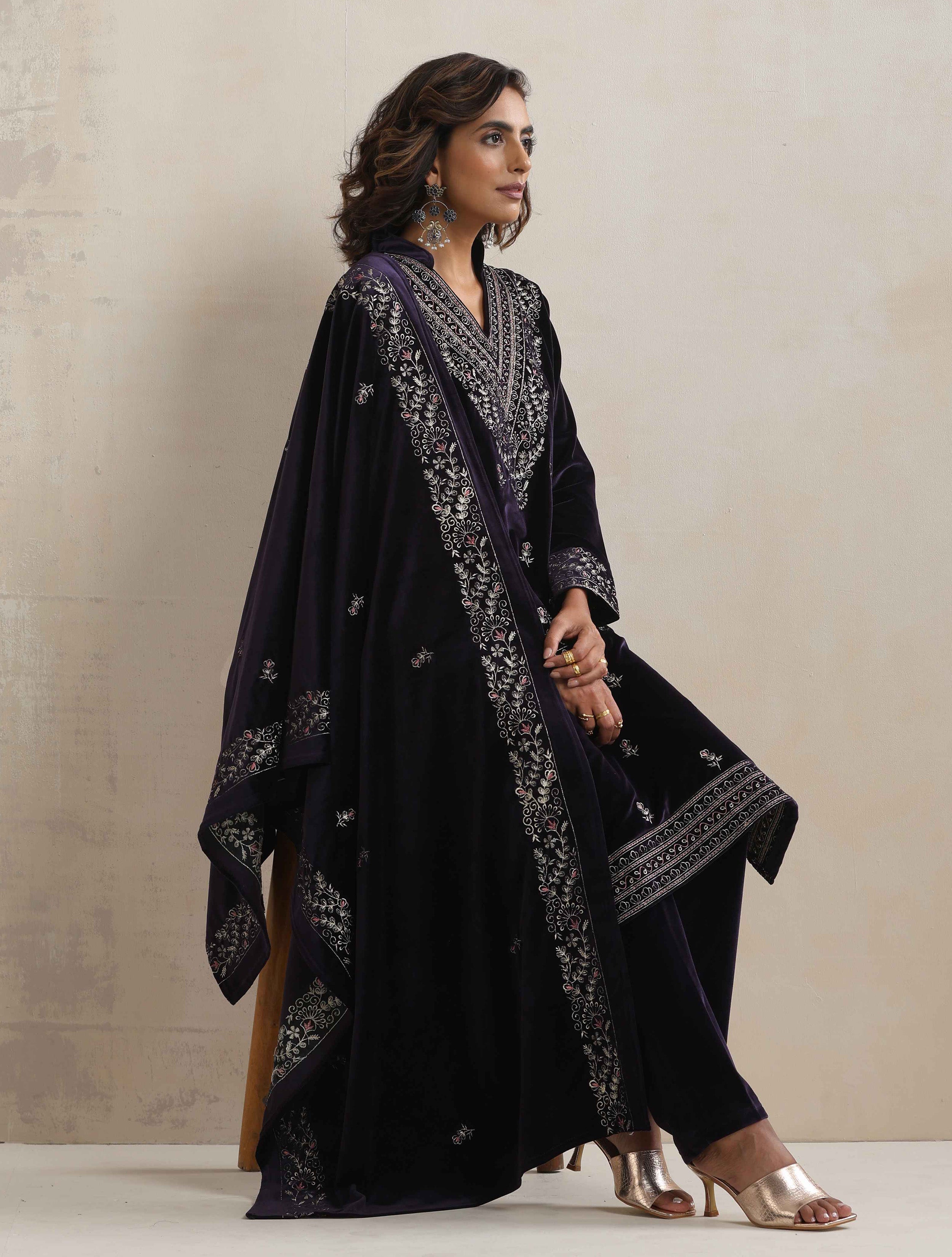 trueBrowns Purple Velvet Embroidered Kurta Pant Dupatta Set | Grocsy
