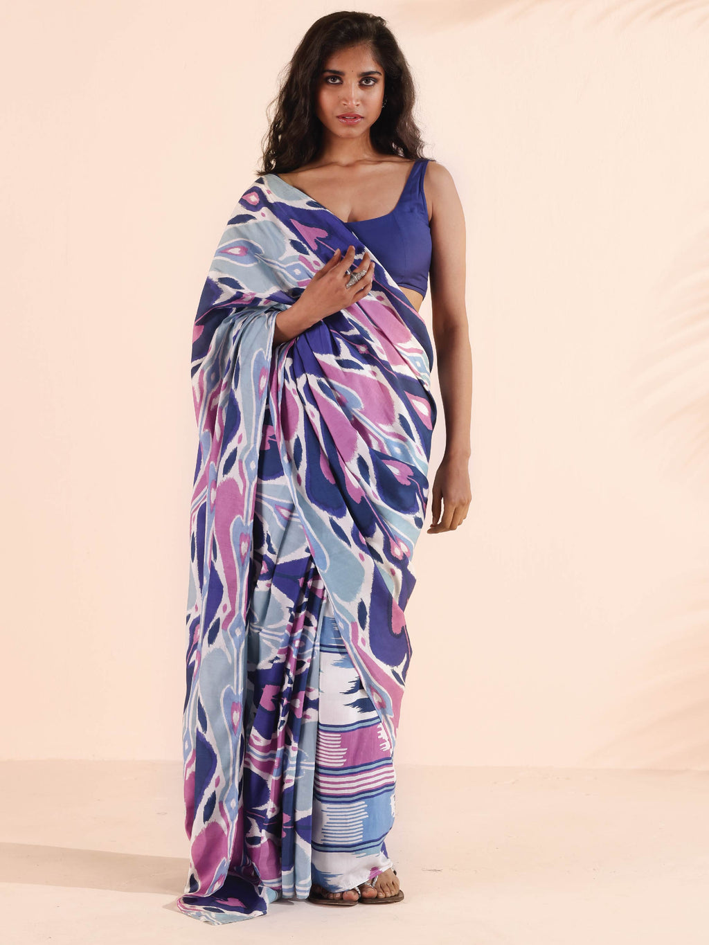 trueBrowns Blue Purple Muslin Ikat Saree | Grocsy