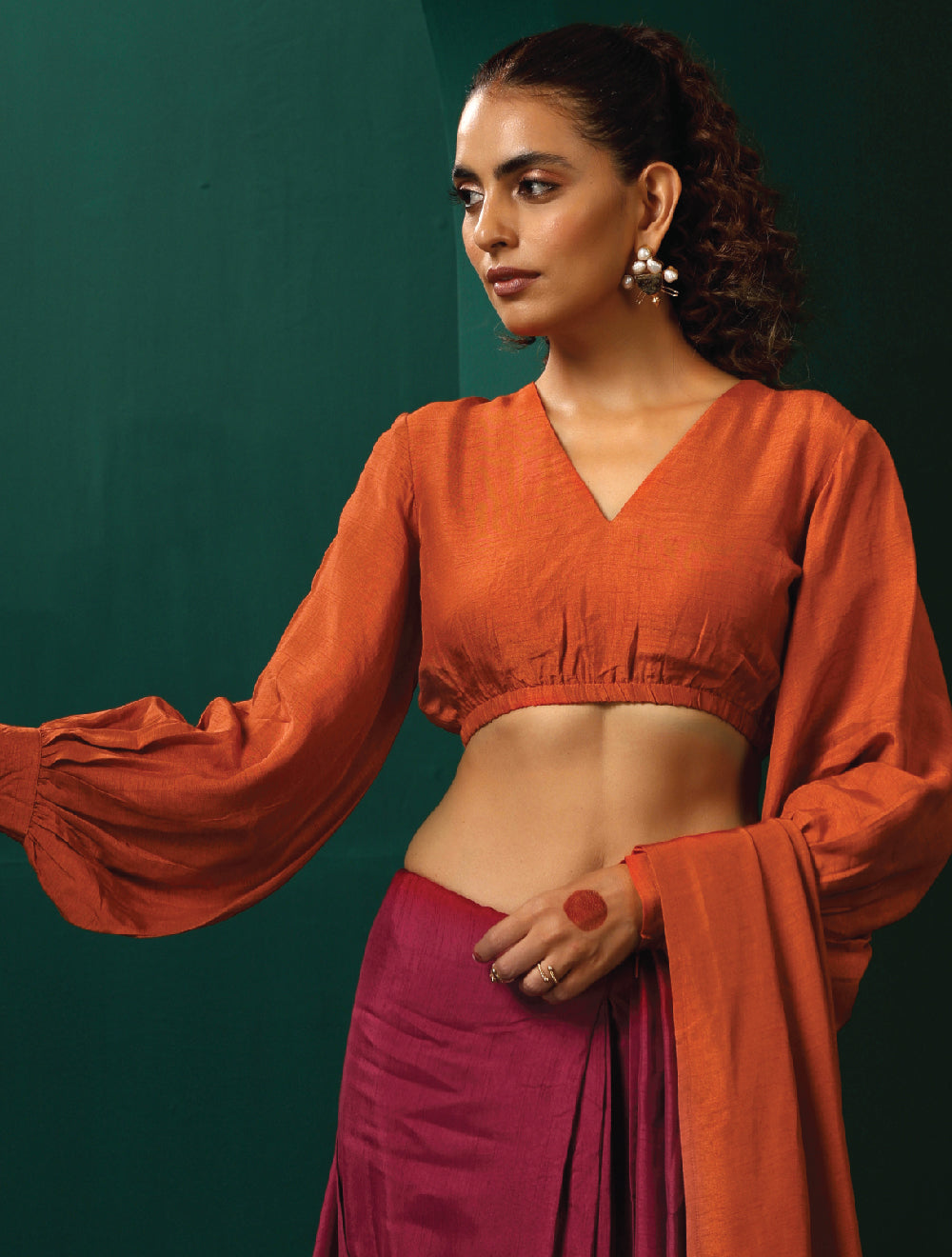 trueBrowns Rust Silk Gathered Sleeve Blouse | Grocsy