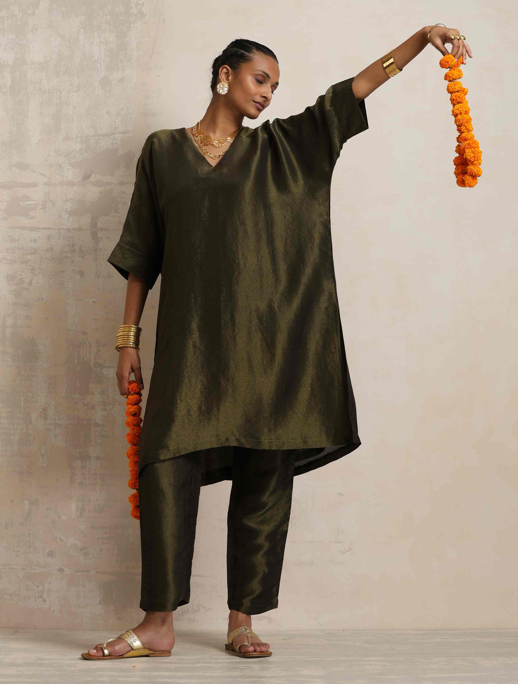 trueBrowns Olive Green Tissue Kurta Co-ord Set | Grocsy