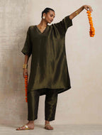 trueBrowns Olive Green Tissue Kurta Co-ord Set | Grocsy