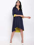 trueBrowns Linen Cotton Blue Collared Dress | Grocsy