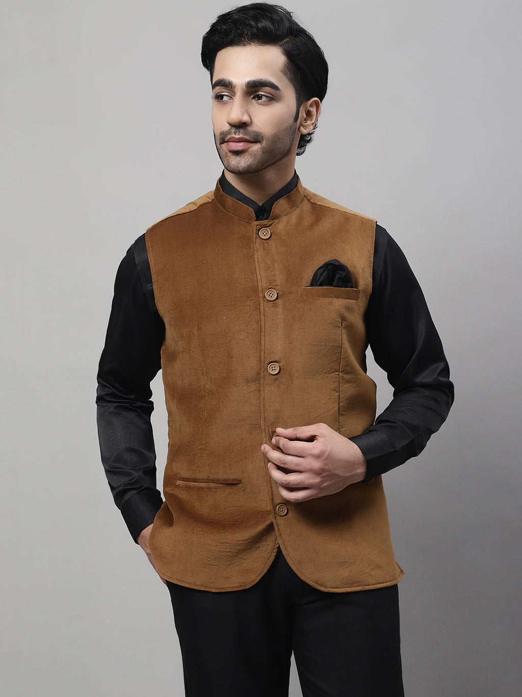 Even Apparels Men's Brown Nehru Jacket With Welt Pockets | Grocsy