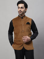 Even Apparels Men's Brown Nehru Jacket With Welt Pockets | Grocsy