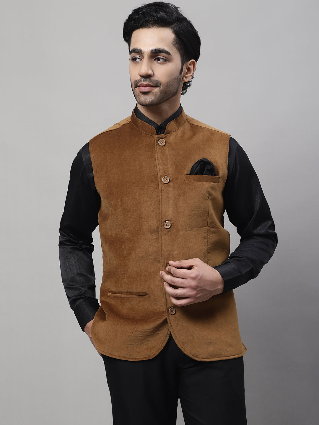 Even Apparels Men's Brown Nehru Jacket With Welt Pockets | Grocsy