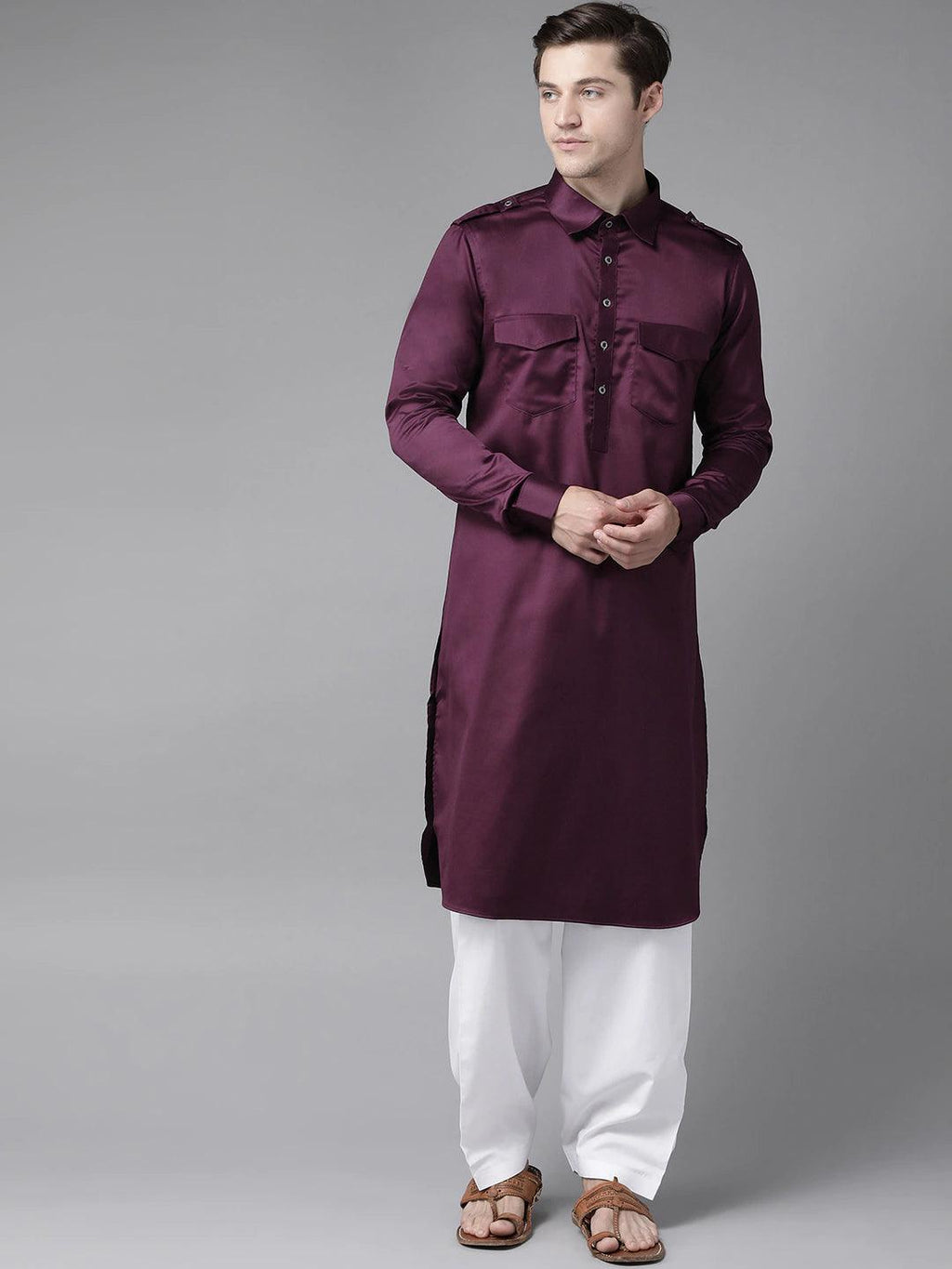 Fabmade Men Purple Pathani Kurta With Salwar | Grocsy