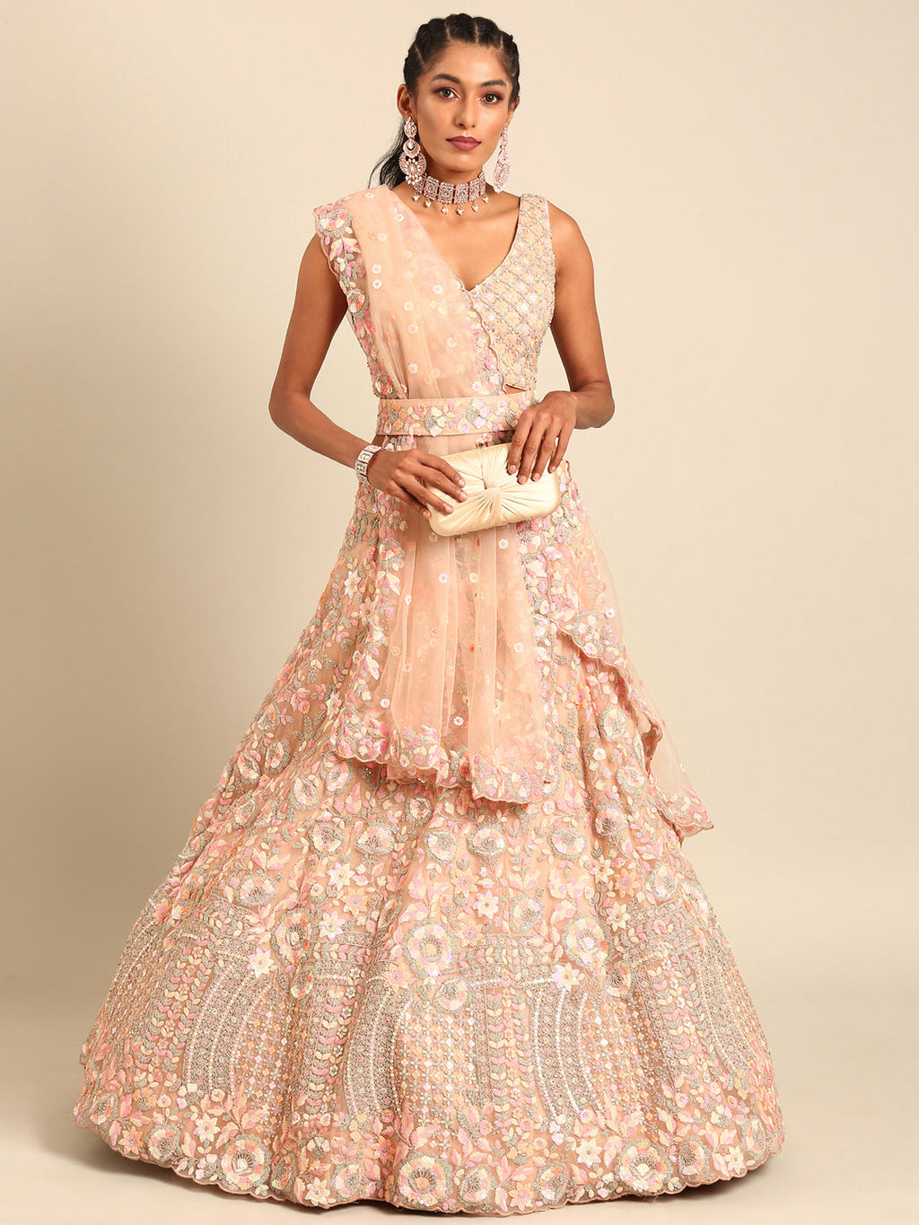 House of Panchhi Peach Net Multi Sequins with heavy Zarkan embroidery Lehenga choli & Dupatta | Grocsy