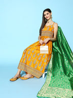 InWeave Women's Mustard Foil Print Strappy With Green Brocade Dupatta | Grocsy
