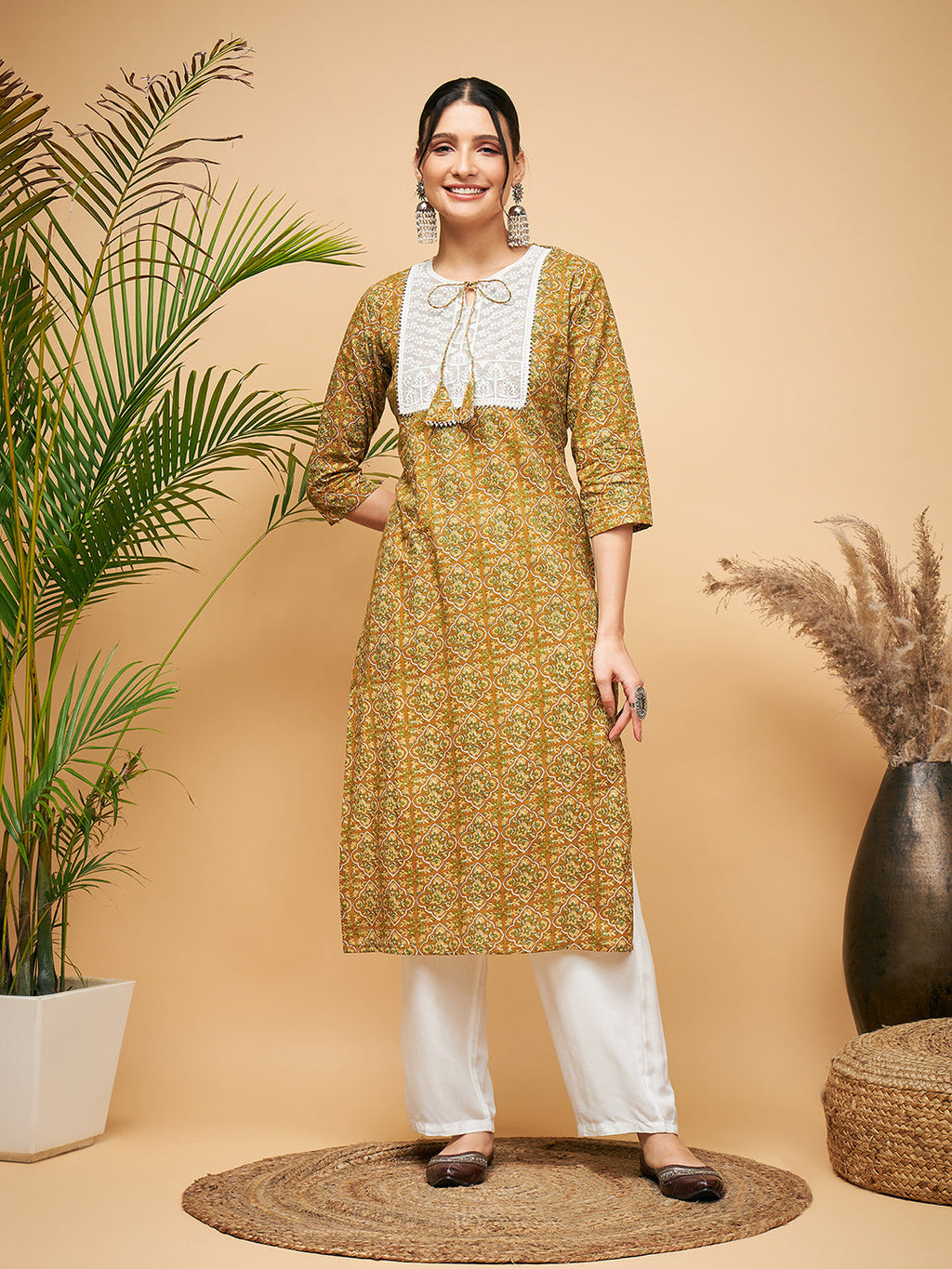 InWeave Women's Olive Ajrakh Print Cotton Patch Work Straight Kurta | Grocsy