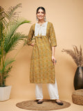 InWeave Women's Olive Ajrakh Print Cotton Patch Work Straight Kurta | Grocsy