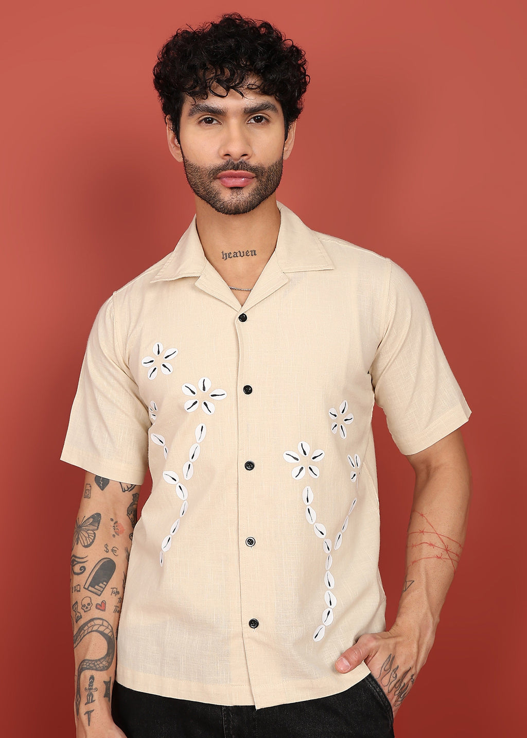 Fabmade Men’S Beige Linen Embroidered Resort Shirt | Grocsy