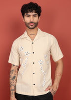 Fabmade Men’S Beige Linen Embroidered Resort Shirt | Grocsy