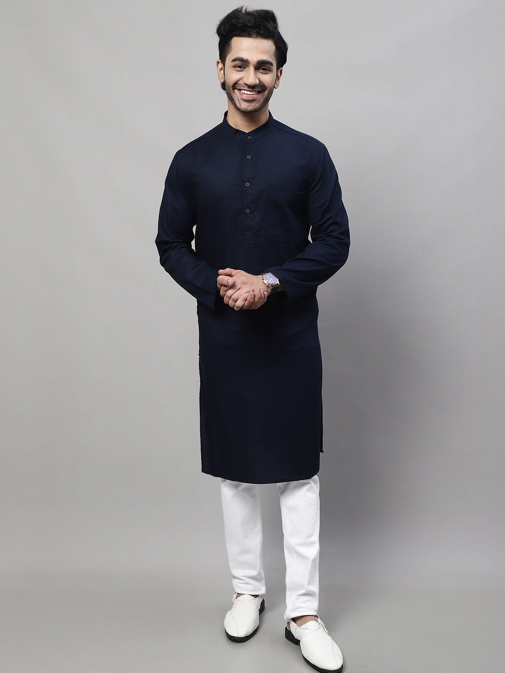 Even Apparels Blue Pure Cotton Kurta With Band Collar | Grocsy