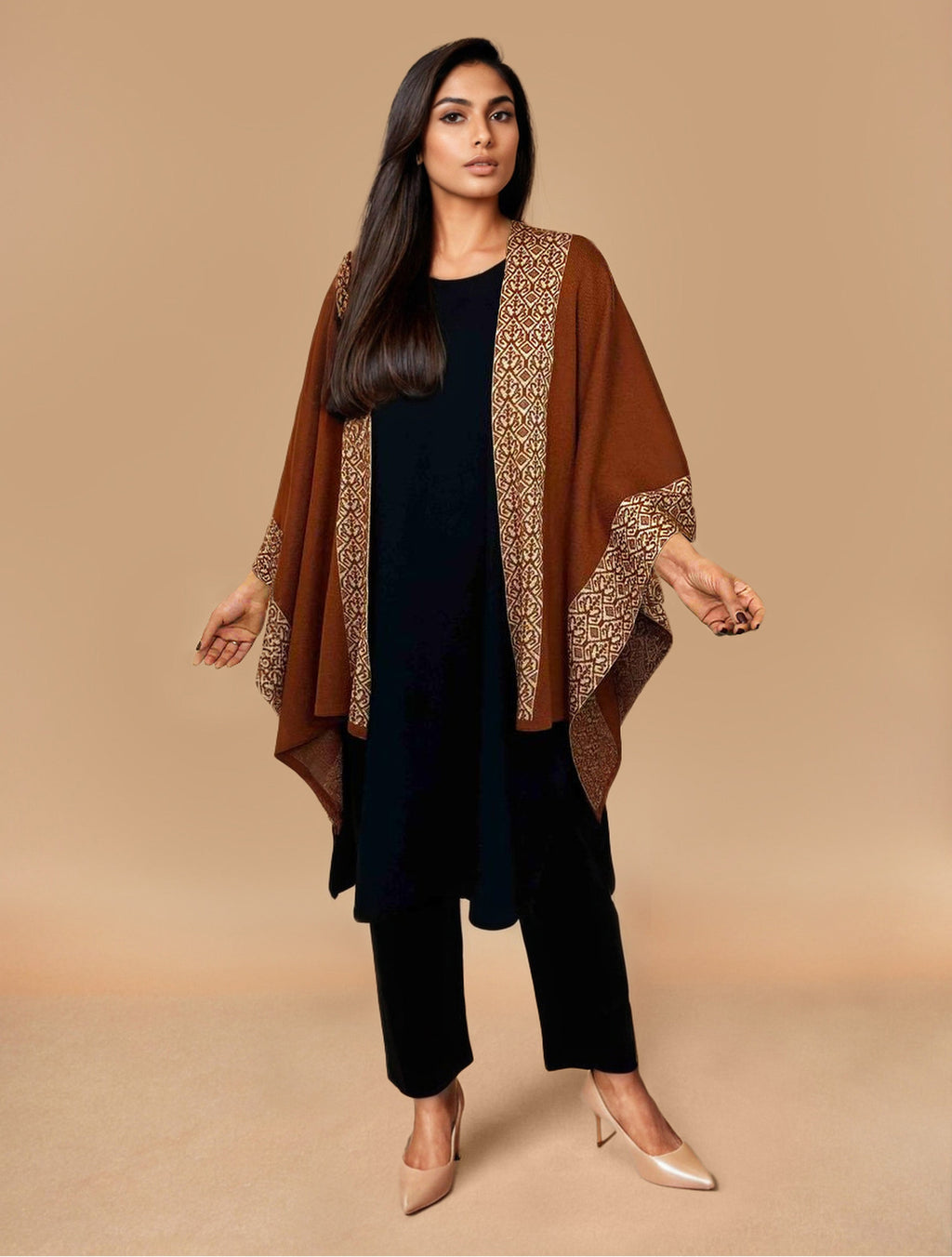 trueBrowns Brown Woollen Kaftan Cape | Grocsy