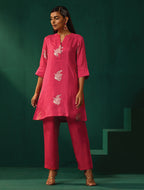 trueBrowns Pink Floral Viscose Silk Round Neck Co-ord Set | Grocsy