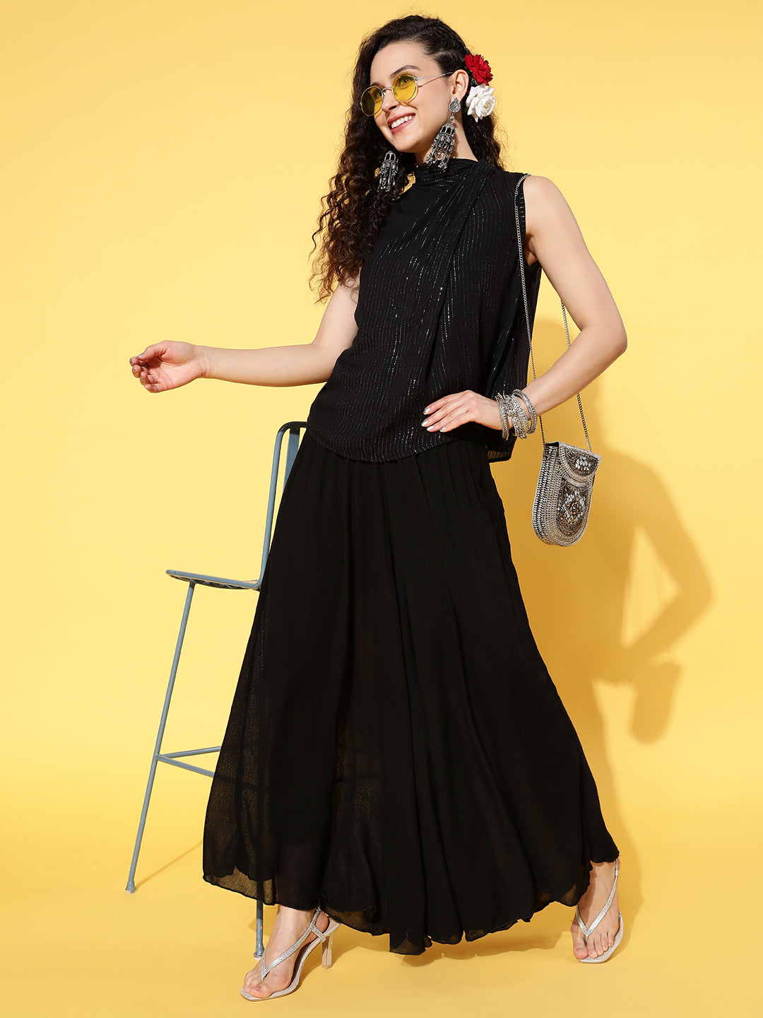 InWeave Women's Black Lurex Top With Flared Pallazo | Grocsy