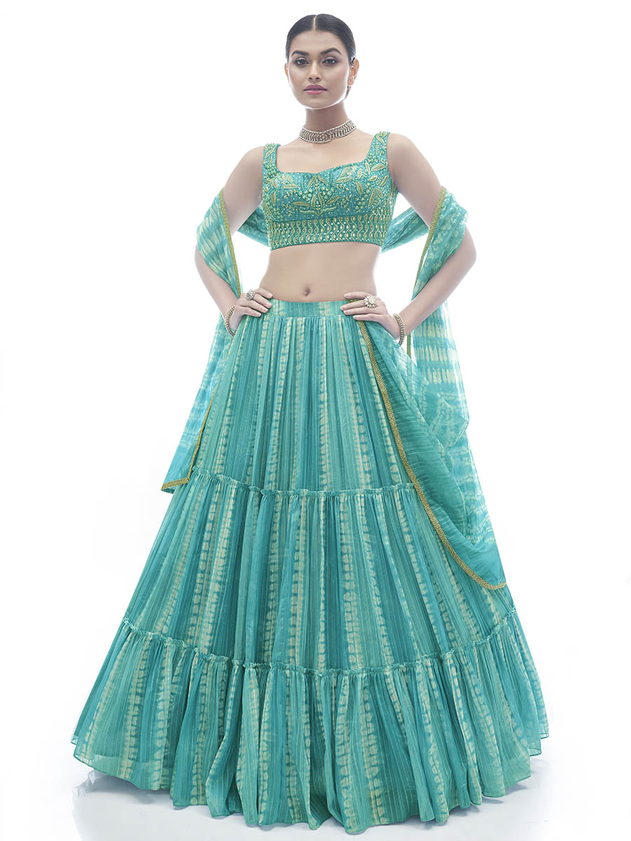 Myra Sea Green Jaquard Embroidered Designer Lehenga | Grocsy