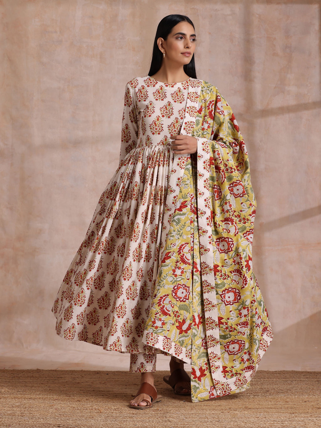 trueBrowns White With Red Yellow Buta Block Print Cotton Kurta Pant Dupatta Set | Grocsy
