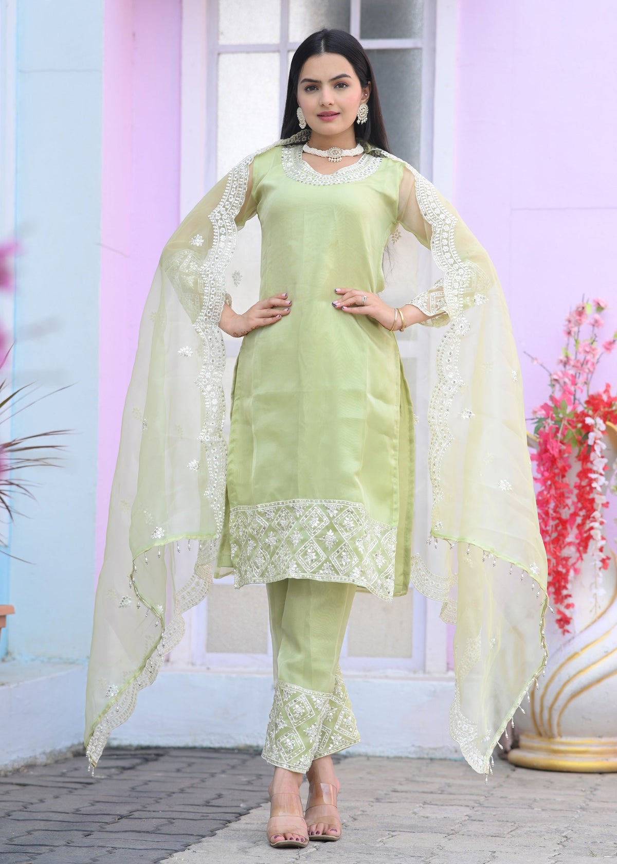 Teeya Creation Pista Color Organza Silk Heavy Embroidery Work Fully Stitched Salwar Suit | Grocsy