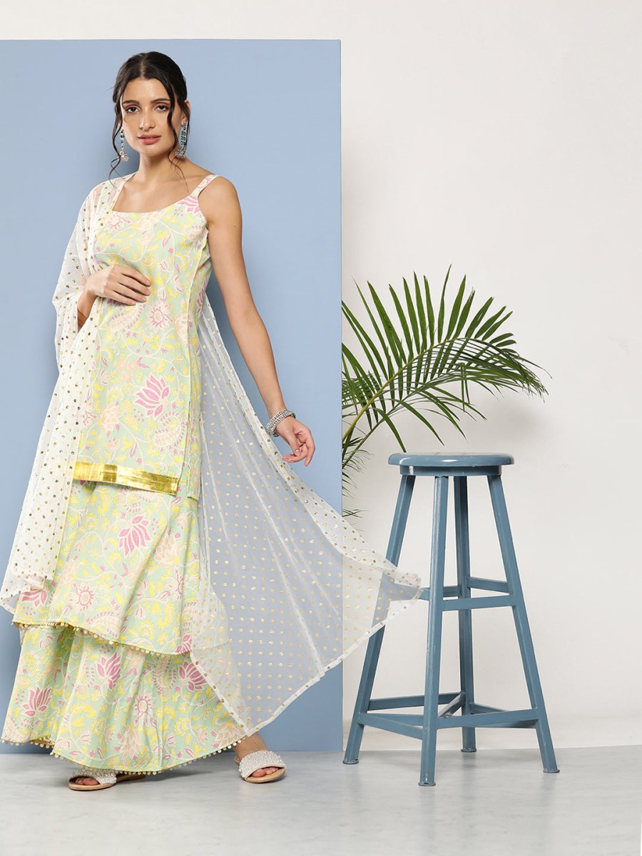 Ahalyaa Women Sea Green Floral Printed Gotta Patti Kurti with Sharara & With Dupatta | Grocsy