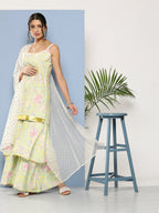 Ahalyaa Women Sea Green Floral Printed Gotta Patti Kurti with Sharara & With Dupatta | Grocsy