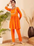 InWeave Women's Orange Round Neck Square Gota Work Kurta Pant Set | Grocsy