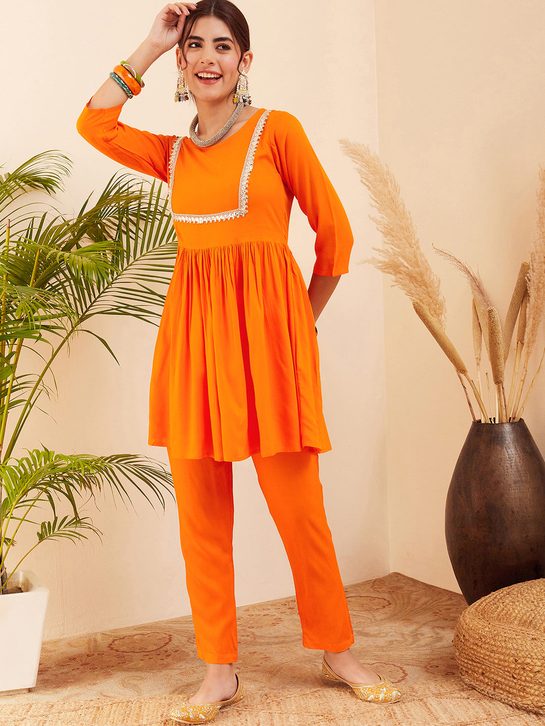 InWeave Women's Orange Round Neck Square Gota Work Kurta Pant Set | Grocsy