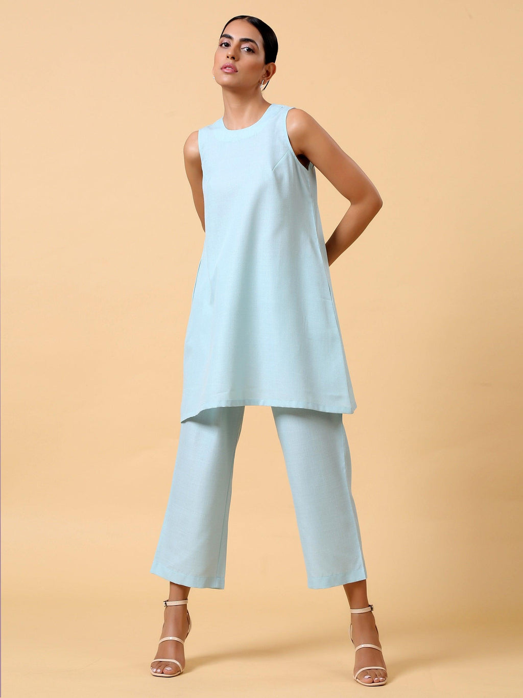 trueBrowns Cotton Linen Light Blue Sleeveless Co-Ord Set | Grocsy