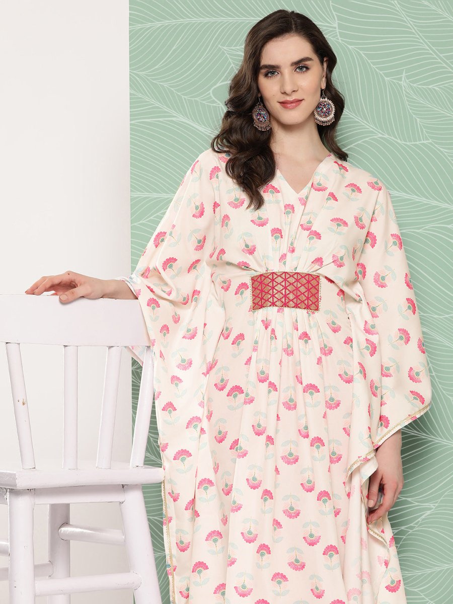 Ahalyaa Women Floral Printed Flared Sleeves Gotta Patti Crepe Kaftan Kurta | Grocsy
