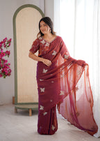 Evanik Rust Mos Silk With Handwork Butterfly Design Saree With Unstitched Blouse | Grocsy