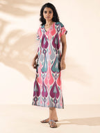 trueBrowns Green Cotton Ikat Slit Dress | Grocsy