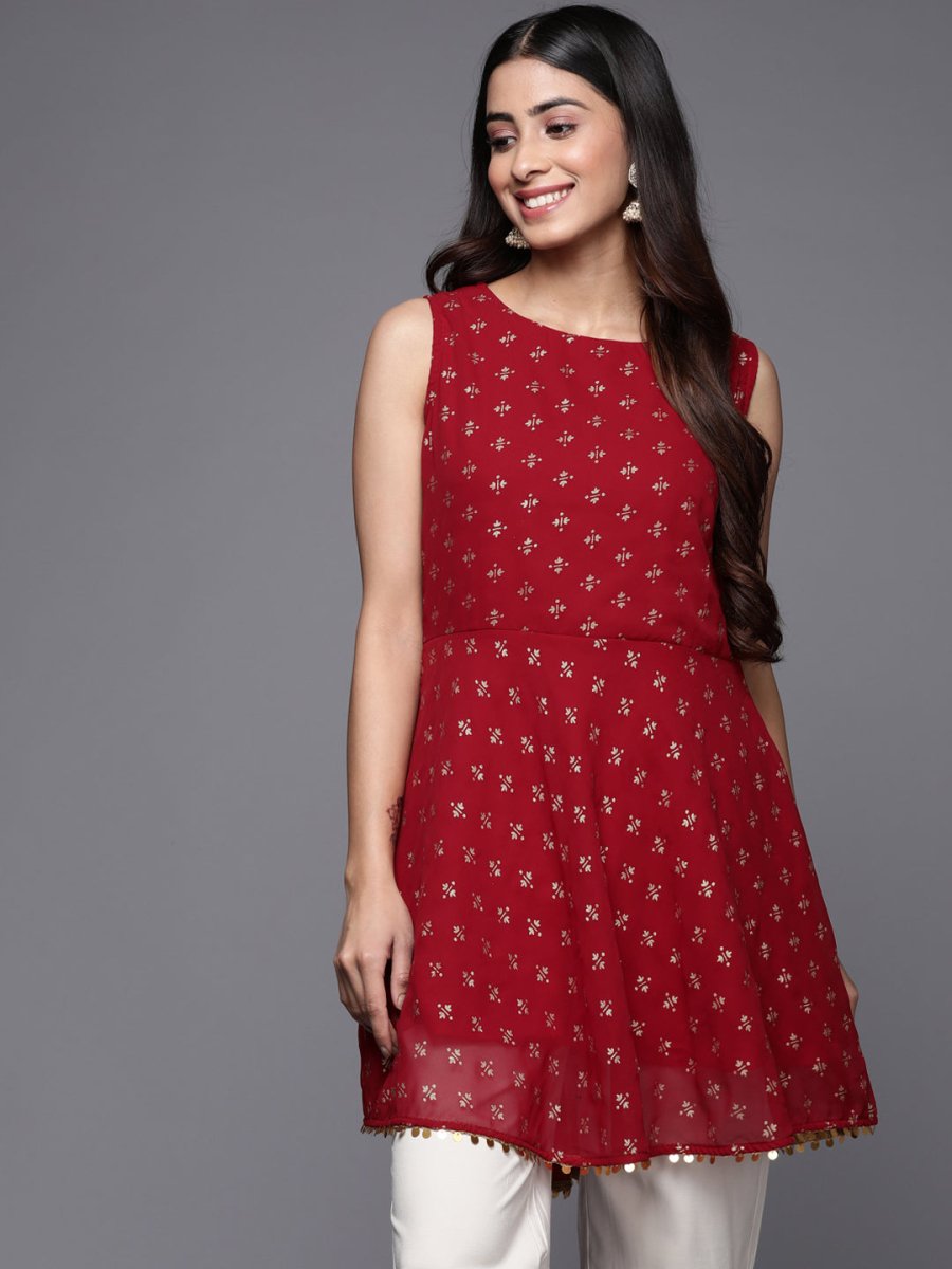 Ahalyaa Boat Neck Printed Embellished Tunic | Grocsy