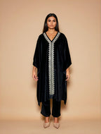 trueBrowns Black Velvet Embroidered Kaftan Kurta Set | Grocsy
