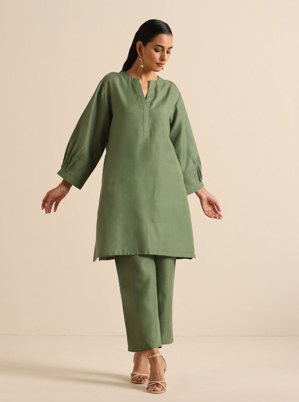 trueBrowns Olive Green Slub Relaxed Placket Co-Ord Set | Grocsy