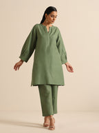 trueBrowns Olive Green Slub Relaxed Placket Co-Ord Set | Grocsy