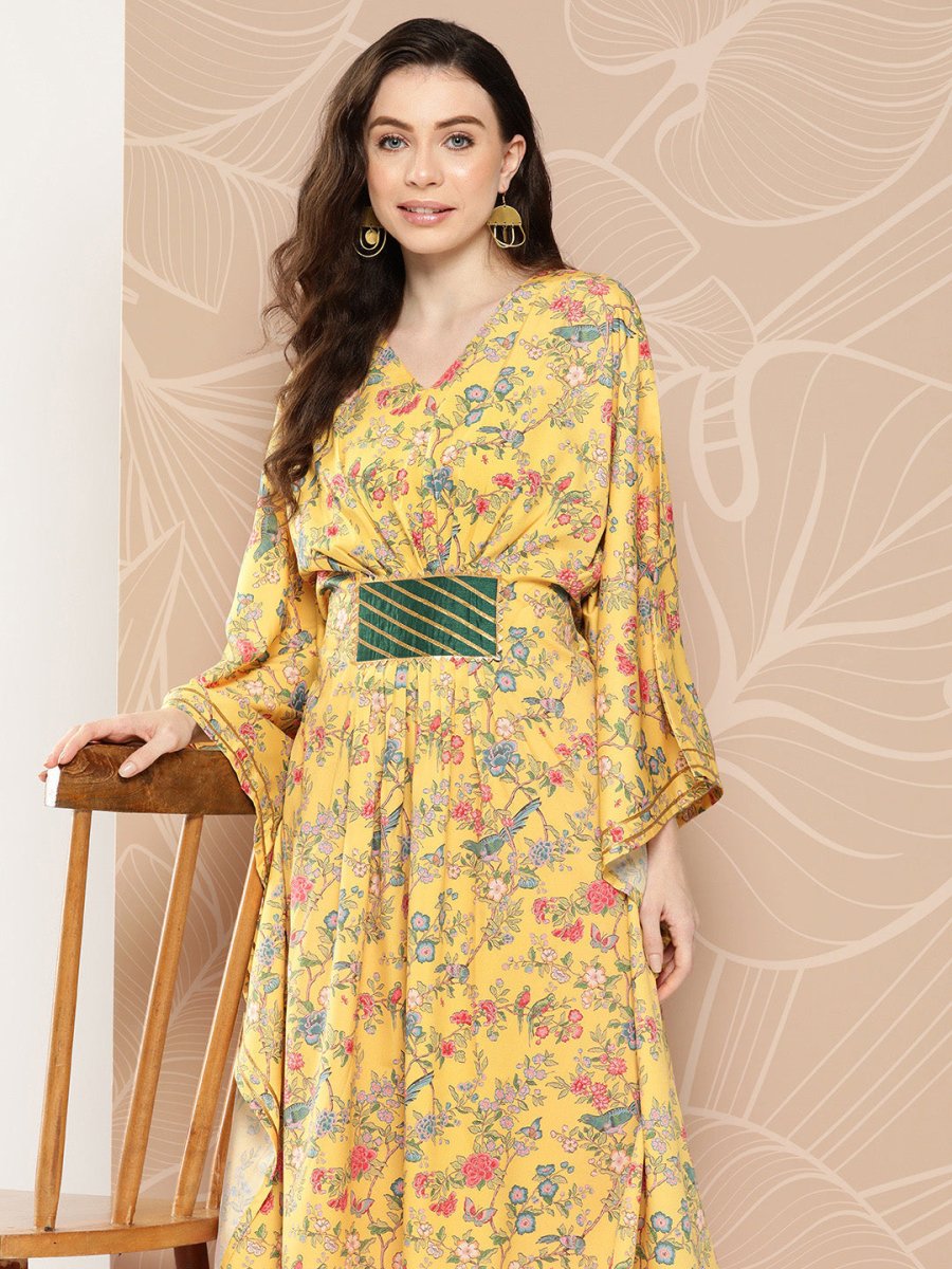 Ahalyaa Women Floral Printed Flared Sleeves Gotta Patti Floral Crepe Kaftan Kurta | Grocsy