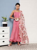 InWeave Women's Light Pink Ray Strappy Set With Red Big Floral Cotton Dupatta | Grocsy