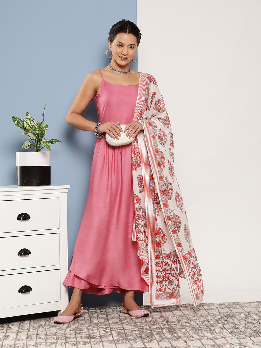 InWeave Women's Light Pink Ray Strappy Set With Red Big Floral Cotton Dupatta | Grocsy