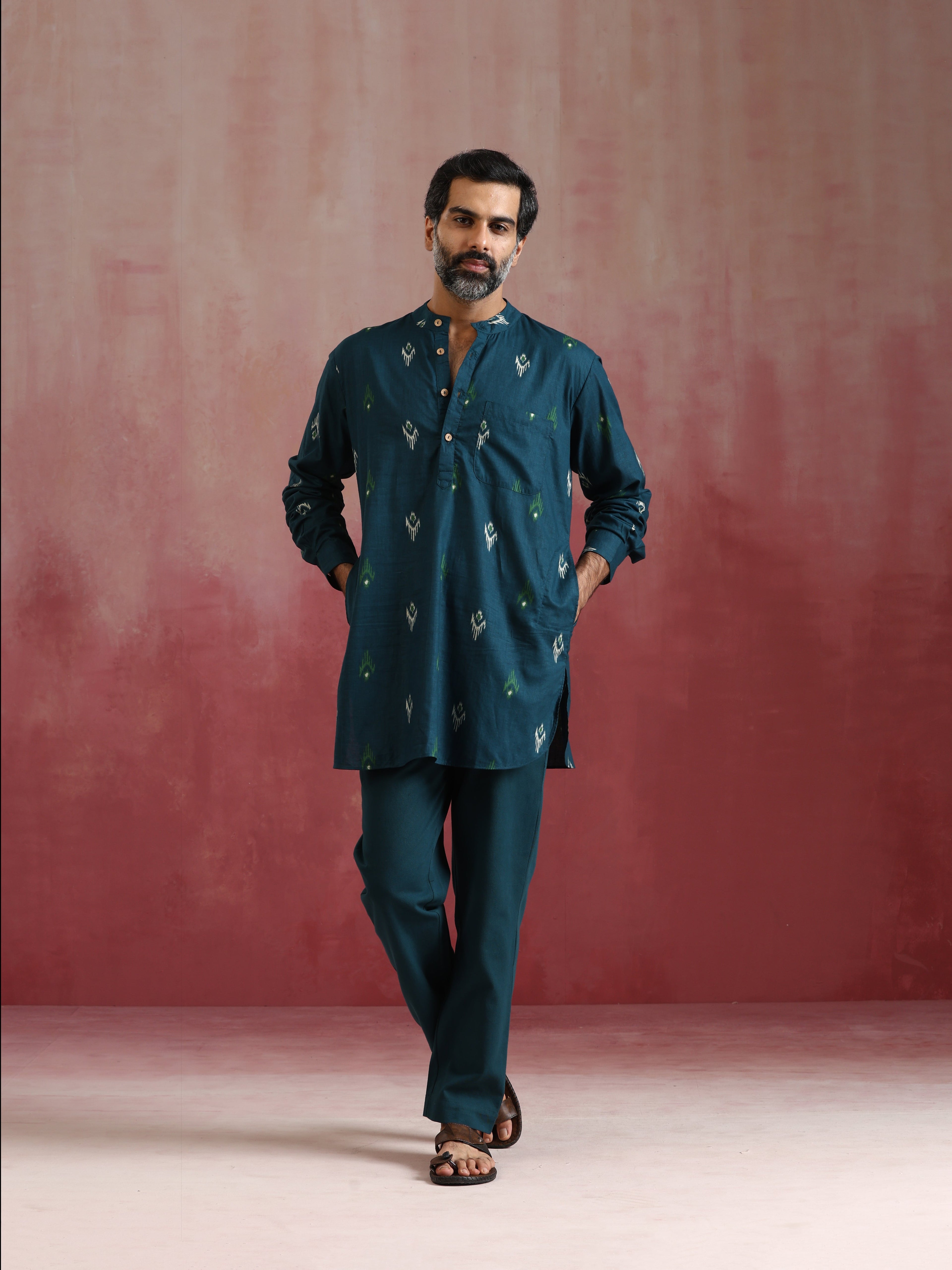 trueBrowns Men's Blue Ikat Print Mandarin Collar Kurta Co-ord set | Grocsy