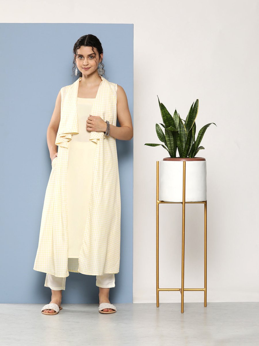 Ahalyaa Women White & Yellow Checked Crepe Kurta | Grocsy