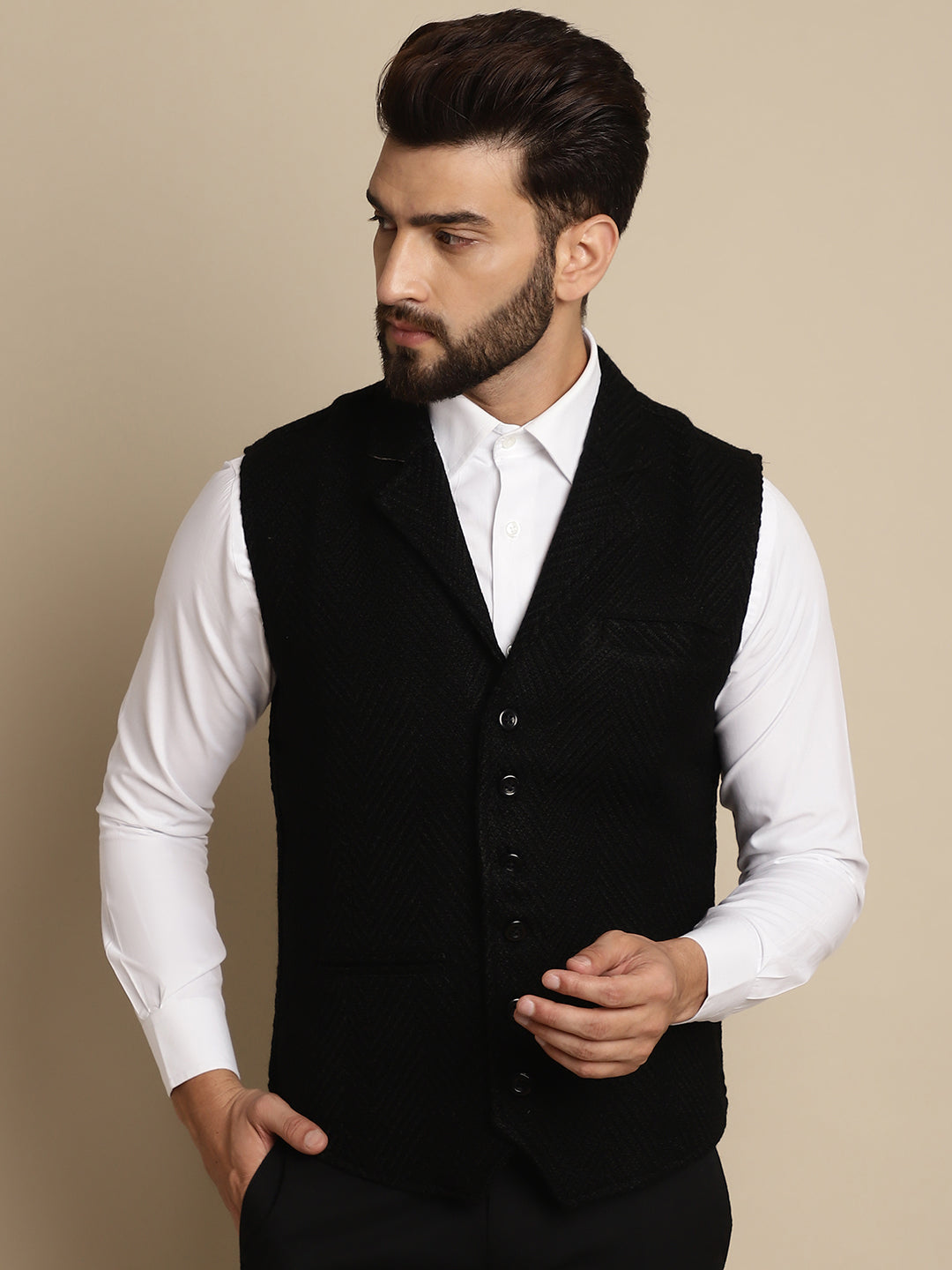 Even Apparels Men's Black Wool Waistcoat with Notched Lapel | Grocsy