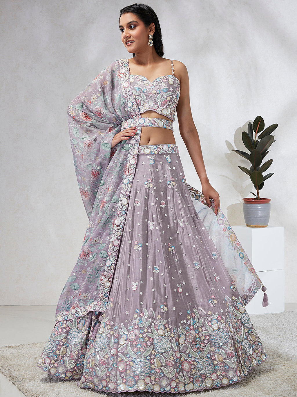 House of Panchhi Mauve Chiffon Sequins And Thread Embroidery Lehenga Choli & Dupatta | Grocsy