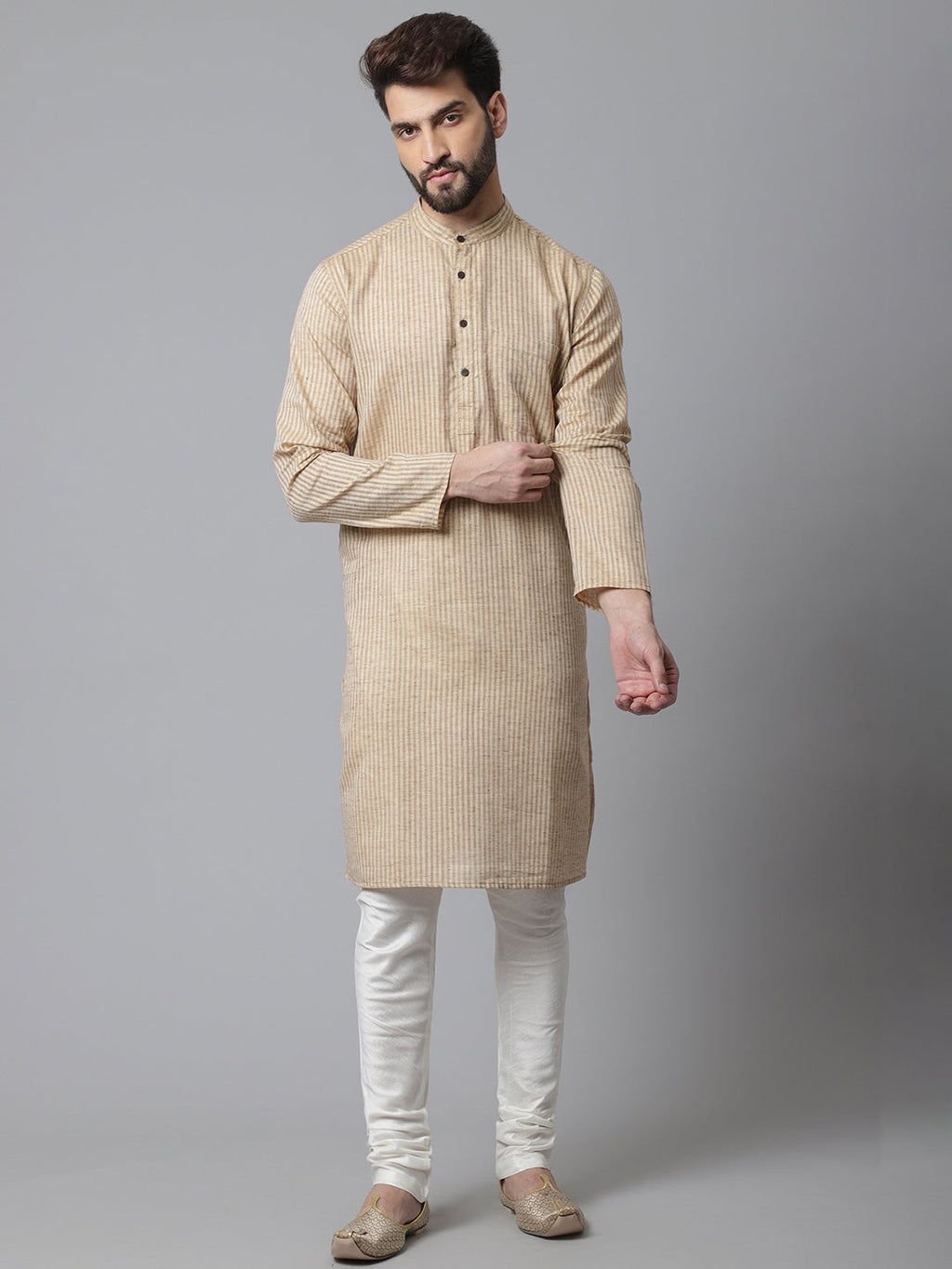 Indian Clothing Even Apparels Beige Solid Kurta With Band Collar | Grocsy