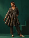 trueBrowns Grey Diamond Viscose Silk Yoke Gathered Co-ord Set | Grocsy