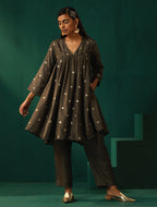 trueBrowns Grey Diamond Viscose Silk Yoke Gathered Co-ord Set | Grocsy